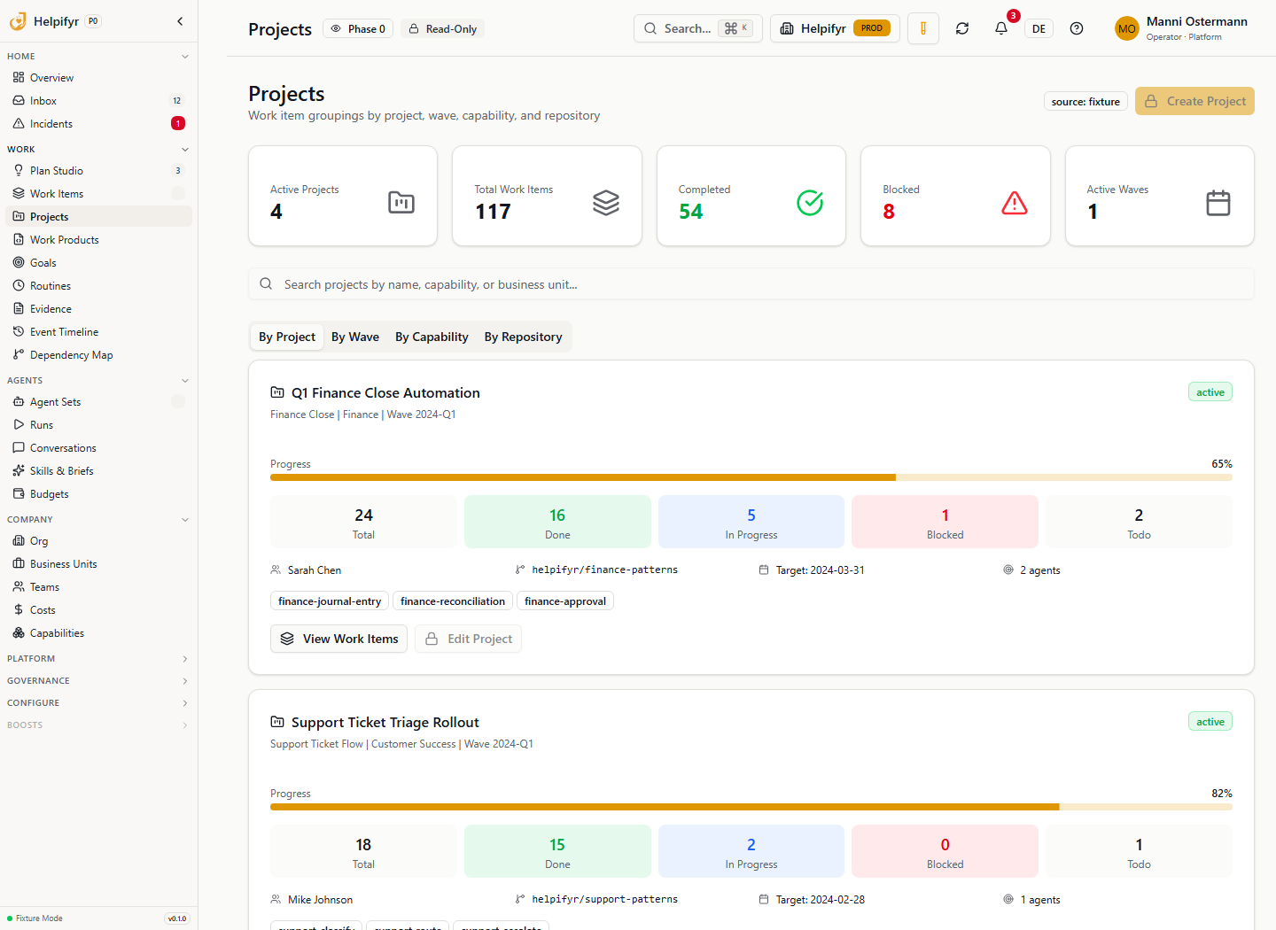 Lantern-Ansicht mit Navigation sowie Finanzabschluss- und Support-Abläufen, Fortschritt, Status und Blockern.