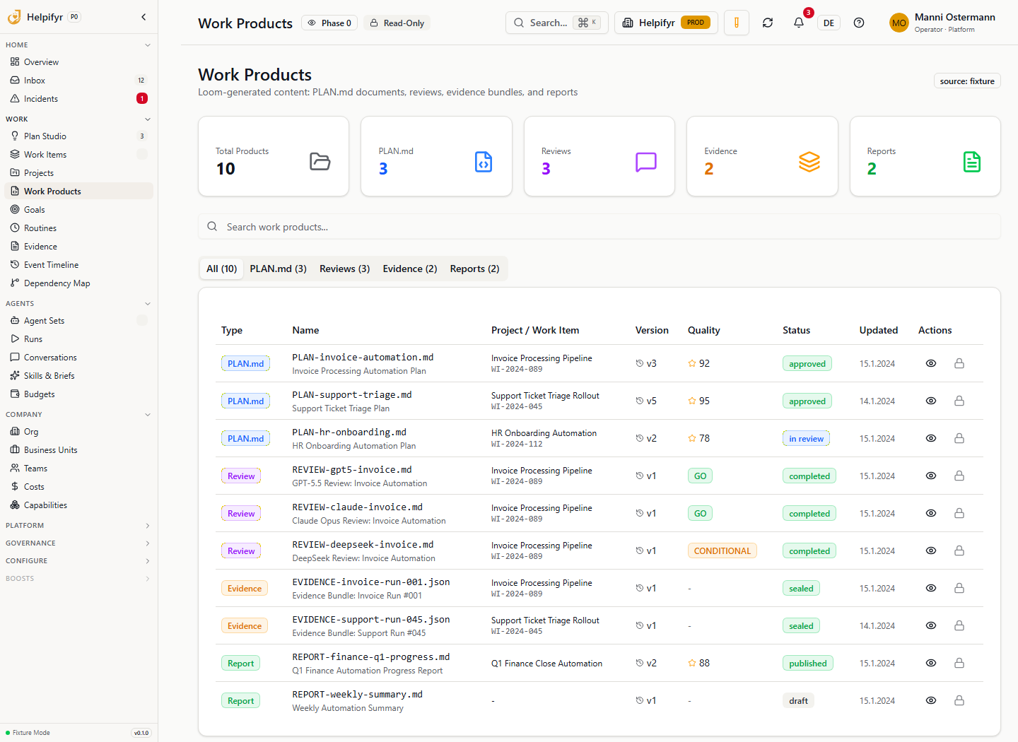 Lantern-Ansicht mit Navigation, Reviews, Evidence-Bundles und Reports im Bereich Work Products.